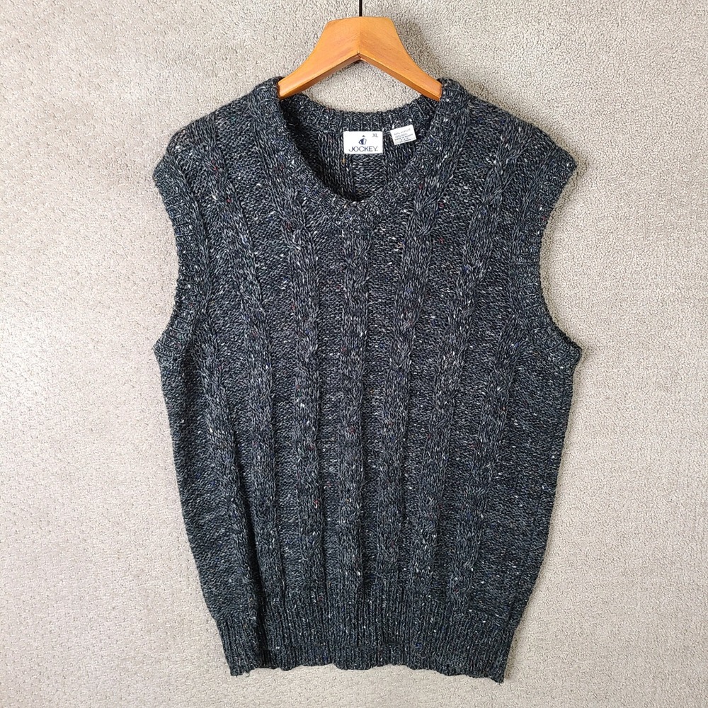 Vintage Jockey Sweater Vest Men XL Gray Multi Tweed Wool Blend Cable Knit V-Neck